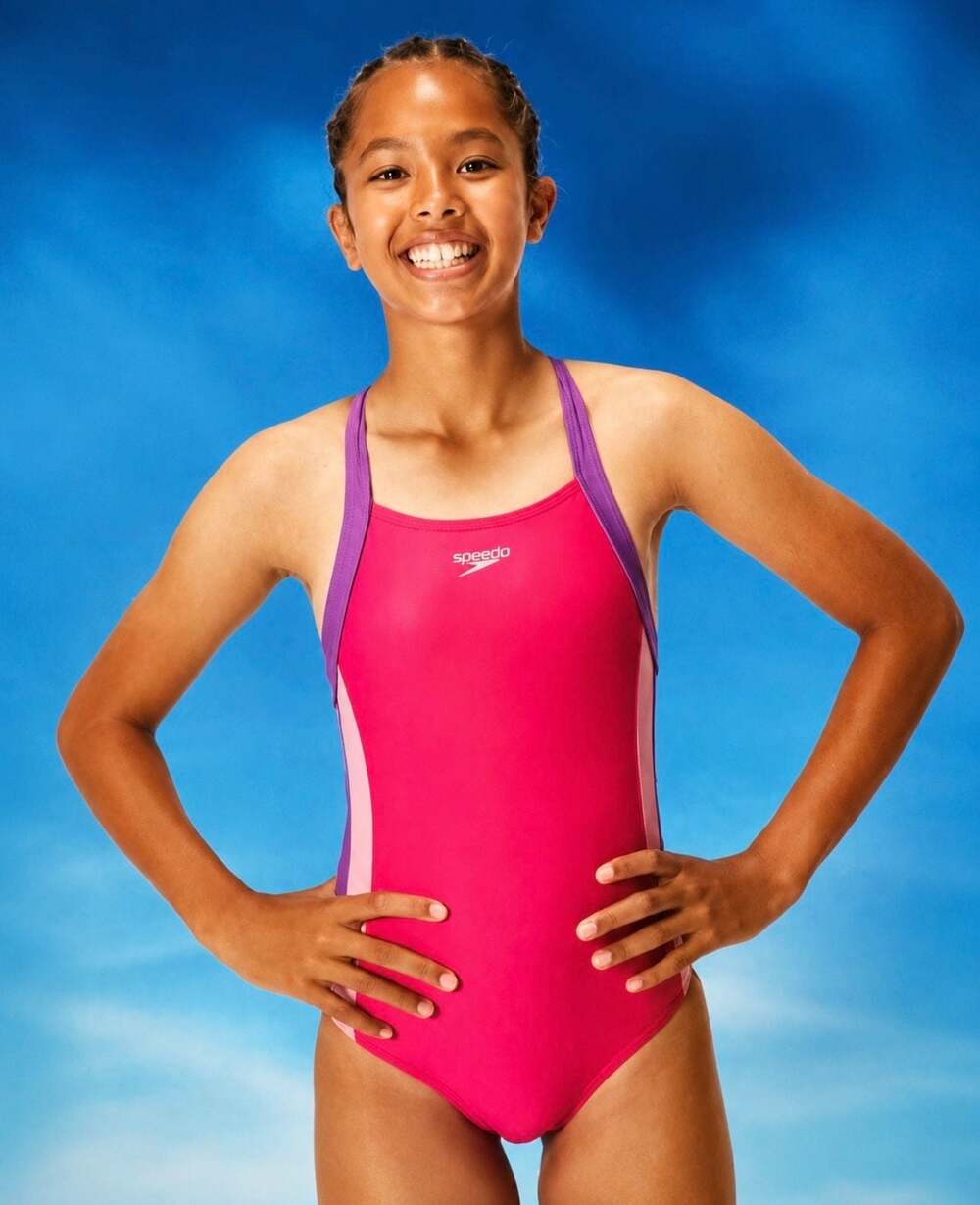 Speedo Girls Youth XL Pink Purple Infinity Splice 1 Piece Swimsuit UPF 50+